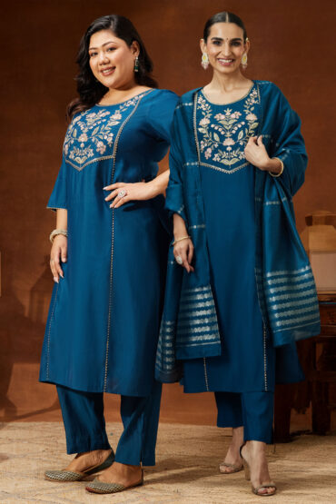 Aentic Women's Teal Blue Chanderi Silk Yoke Embroidered Straight Kurta Set