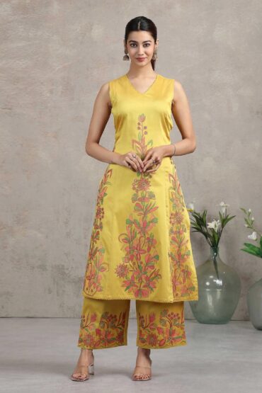 Yellow Floral Embroidered A-Line Co-ord Set