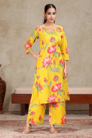 Yellow Floral Embroidered Straight Co-ord Set