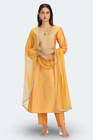 Mustard PolySilk Embroidered A Line Kurta Pant and Dupatta Suit Set