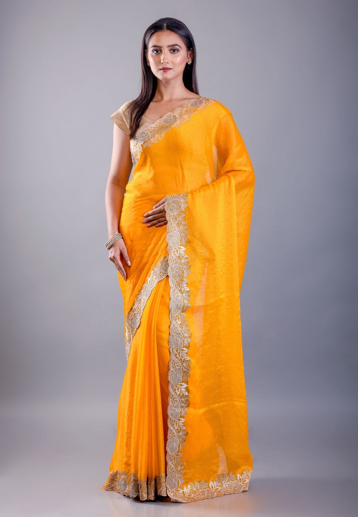 Yellow Jimmy Choo Saree With Gold Embroidered Emblishment