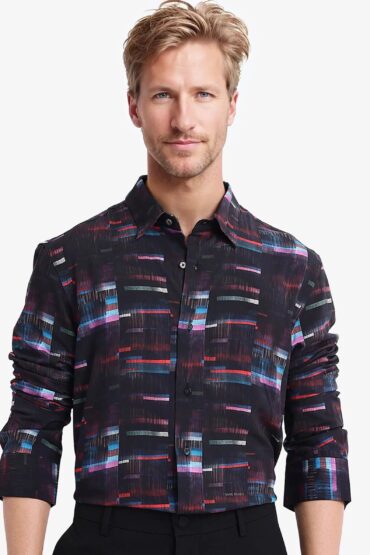 Aentic Men's Apon Black Viscose Abstract Print Regular Fit Full Sleeve Collared Shirt