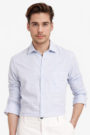 Aentic Men's Bisk Light Blue Cotton Checked Print Regular Fit Full Sleeve Collared Shirt