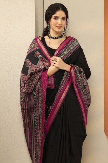Black Paisley Printed Silk Blend Saree With Unstitched Blouse Piece