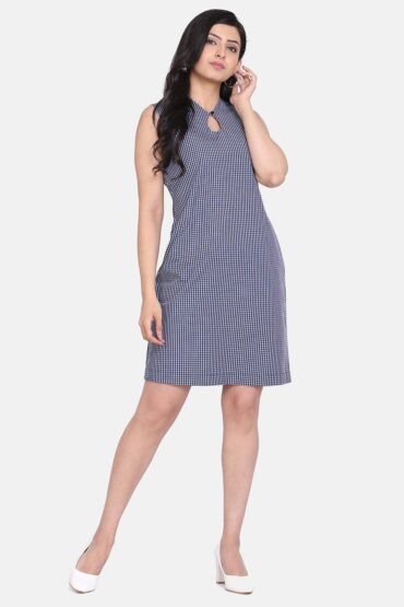 Gingham Check Cotton Shift Dress - Blue and White