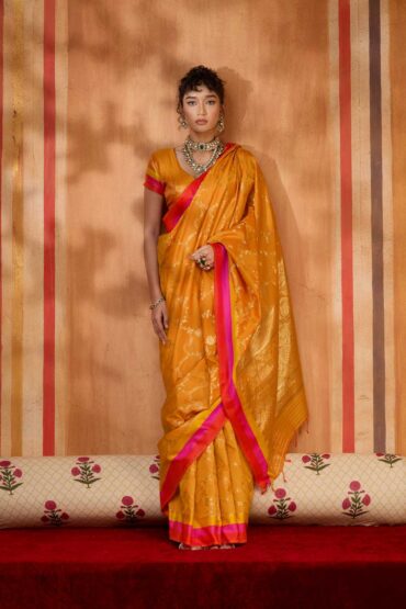 Soraya Marigold Orange Soft Silk Satin Saree with Handloom Woven Design Ready to Wear Aentic Saree