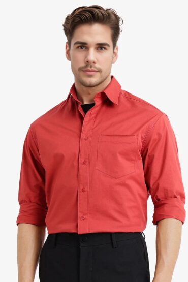 Aentic Men's Crofty Red Cotton Plain Boxy Fit Full Sleeve Collared Shirt