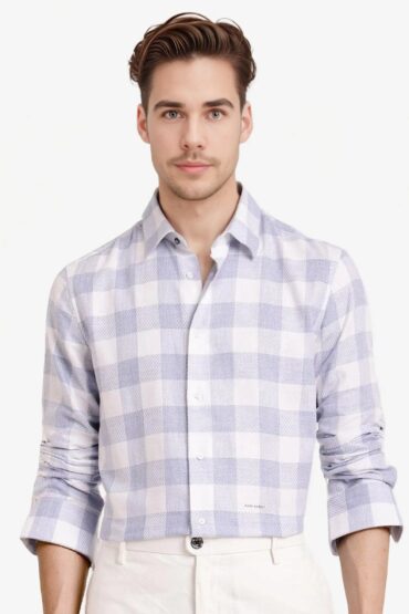 Aentic Men's Denmark Light Blue Cotton Blend Checked Print Regular Fit Full Sleeve Collared Shirt