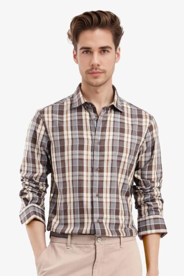 Aentic Men's Endel Brown Cotton Checked Print Regular Fit Full Sleeve Collared Shirt