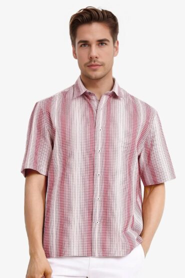 Aentic Men's Frawla Red Cotton Striped Print Boxy Fit Half Sleeve Collared Shirt