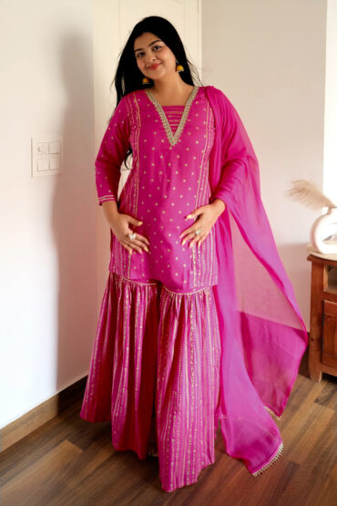 Aentic Women's Pink Rayon Gold Foil Printed Kurti With Sharara & Dupatta Set