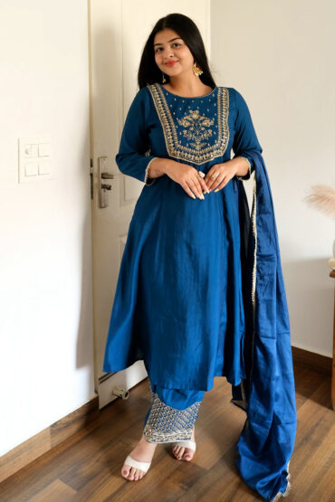 Aentic Women's Teal Blue Chanderi Silk Zari Embroidered A-line Kurta Set
