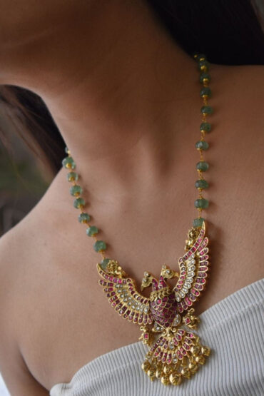 Luxe Sovereign Gandaberunda Eagle Jadau Pachi Kundan Pendant with Pumpkin Beads ? Royal Craftsmanship