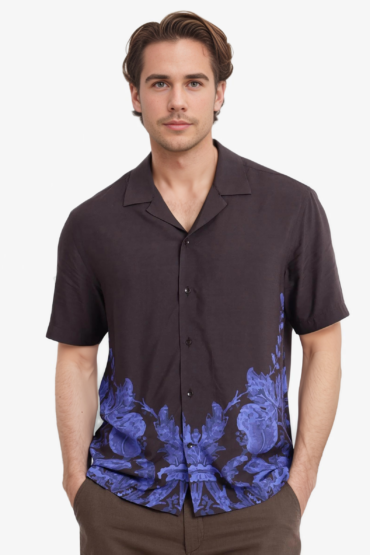 Aentic Men's Meb Dark Brown Viscose Printed Boxy Fit Half Sleeve Cuban Collar Shirt
