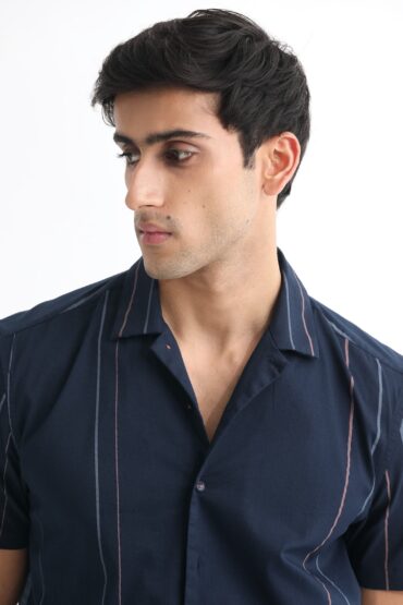 Aentic Men's Morlac Dark Navy Cotton Striped Print Regular Fit Half Sleeve Cuban Collar Shirt