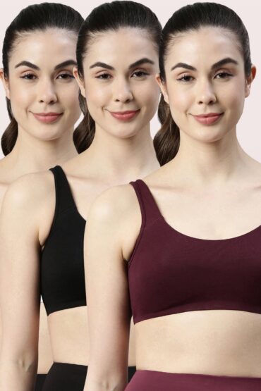 Aentic Low Impact Women's Cotton?Everyday?Sports Bra - All Day Comfort, Non Padded, Wirefree, High Coverage?- SB06 (Black/White/Grapewine)