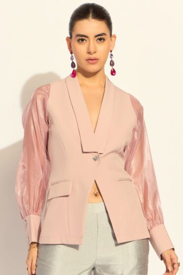 Women Pink Shawl Collar Long Sleeves Shirt Style Top