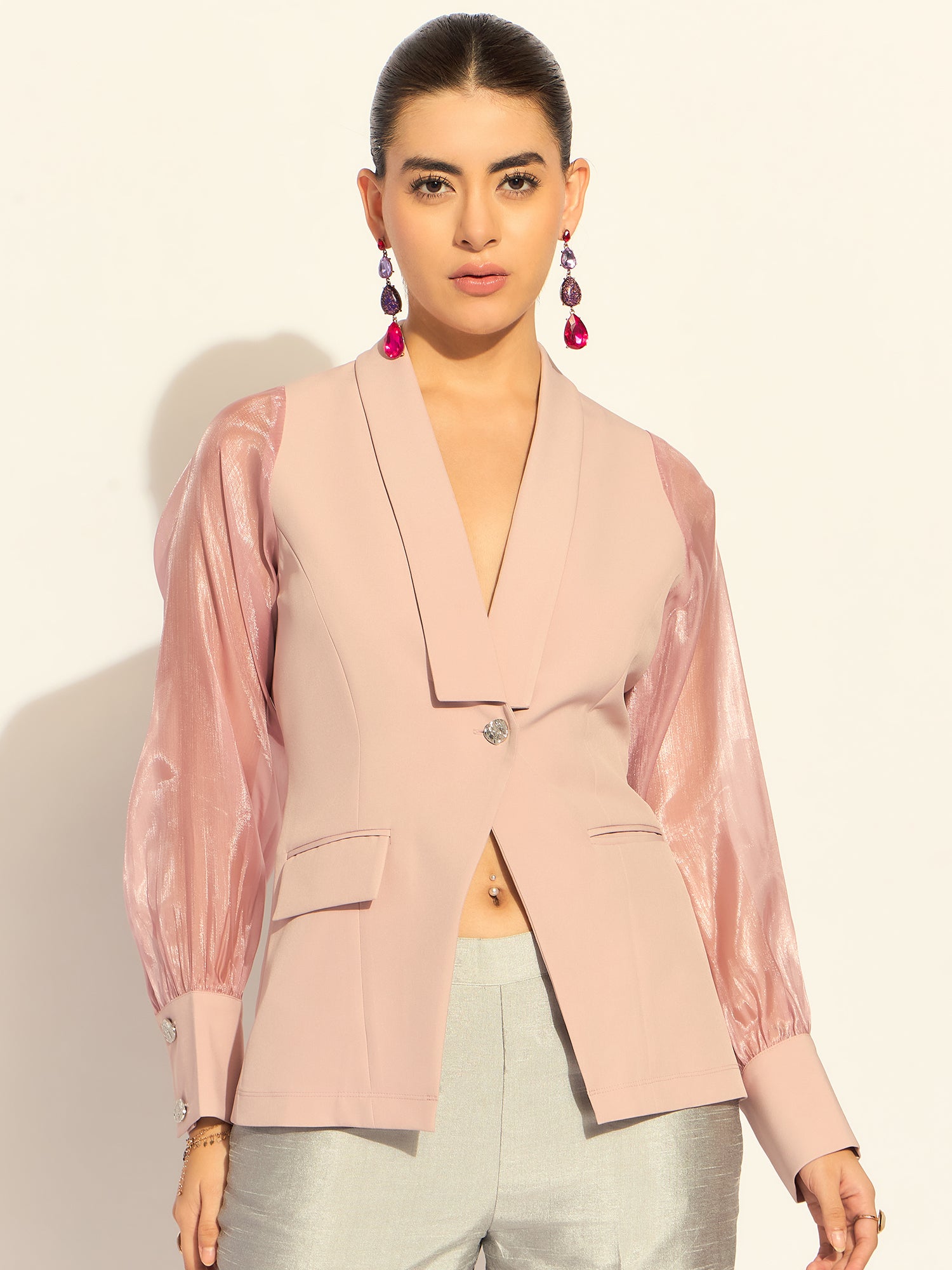 Women Pink Shawl Collar Long Sleeves Shirt Style Top