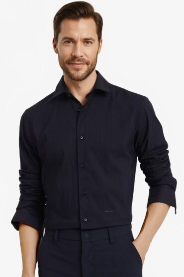 Aentic Men's Vista-1 Dark Navy Cotton Striped Print Regular Fit Full Sleeve Collared Shirt