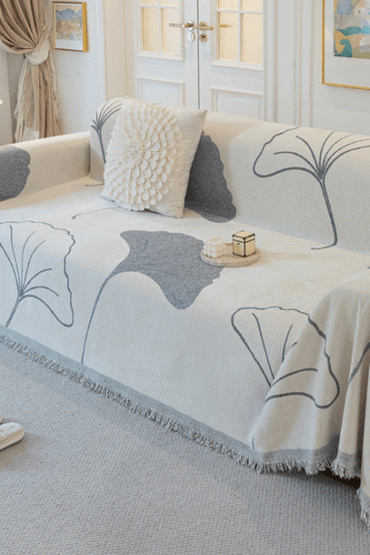 Ginkgo Leaf Print Grey Elegance Chenille Sofa Cover :[EM-SC-29] Style-4