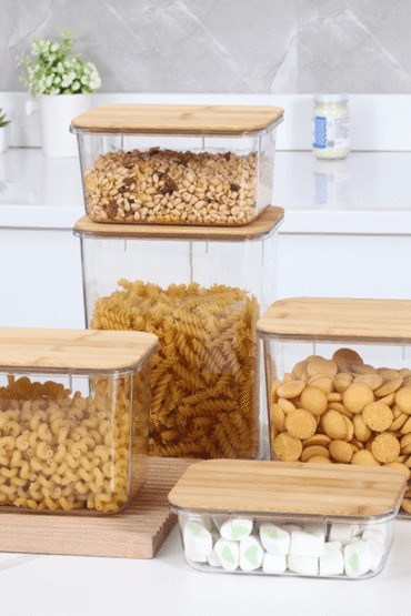 Multi-Purpose Transparent Food Storage Containers with Wooden Lid
