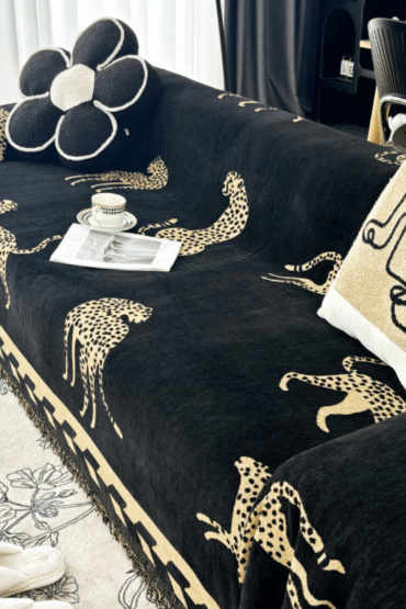 Leopard Print Black & Beige Elegance Chenille Sofa Cover