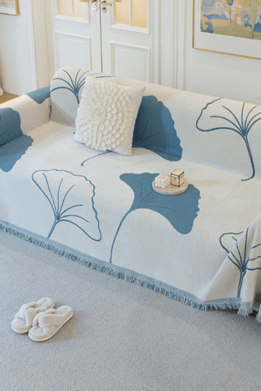 Ginkgo Leaf Print Blue Elegance Chenille Sofa Cover :[EM-SC-29] Style-2